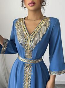 Elenzga Women's Elegant Fringe & Sequin Patchwork Dress