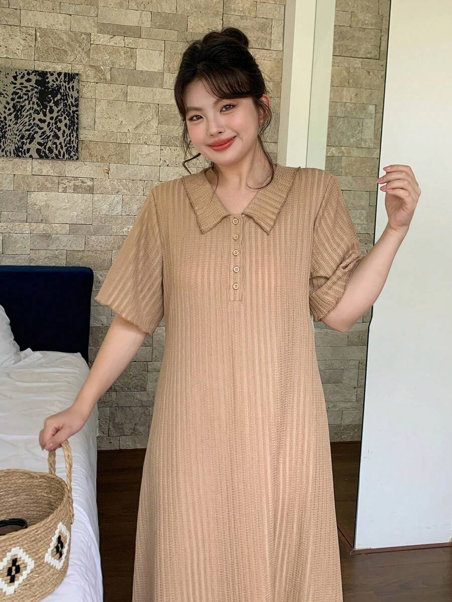 Dazy Plus Plus Size Women Casual Turndown Collar Short Sleeve Solid Color A-Line Summer Dress
