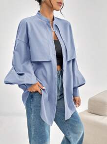 Mulvari Women's Casual Loose Solid Lantern Sleeve Blouse - Blue - View 4