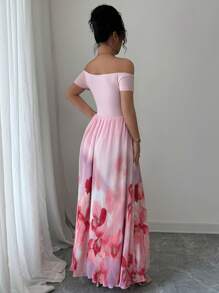 Elenzga Women's Elegant One Shoulder Tropical Plant Floral Print A-Line Maxi Dress With Drapes, Fashionable For Spring/Summer - Pink - View 2