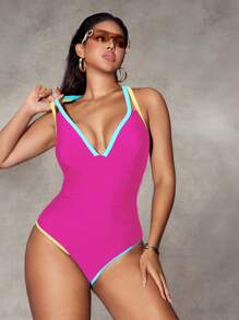 Shapewave Traje de baño de una pieza con control de barriga y tirantes de bloques de color para mujeres