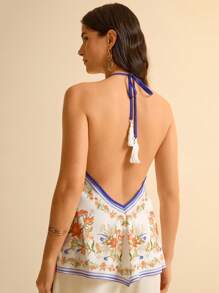 CAJUNI Top de tirantes finos asimétrico con pliegues y estampado floral para mujeres, con espalda descubierta y diseño sexy, para verano