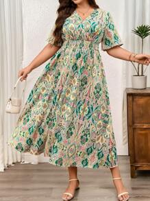 SHEIN Clasi Plus Size Women's Shirred Floral Print Ruffle Short Sleeve Drawstring Waist Dress, For Vacation Women Long Dresses Women Dresses Easter Women - Multicolor - View 1