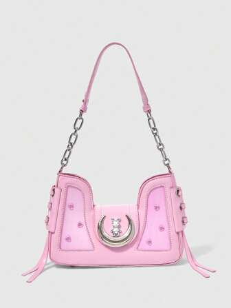 Kawaii Borsa a tracolla multifunzione stile Y2K per donna, a forma di cuore con coniglio lunare metallico, tracolla regolabile, colore rosa, adatta per uso quotidiano e per lo shopping