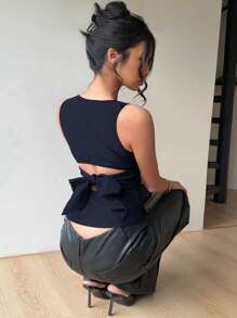 Aloruh Women's Casual Backless Bowknot Sleeveless Shirt, Suitable For Commuting & Daily Wear - Navy Blue - View 4