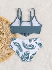 SHEIN 2 pièces/Set Top de maillot de bain noir minimaliste pour jeunes filles et bas de maillot de bain avec impression aléatoire d'arbres de noix de coco