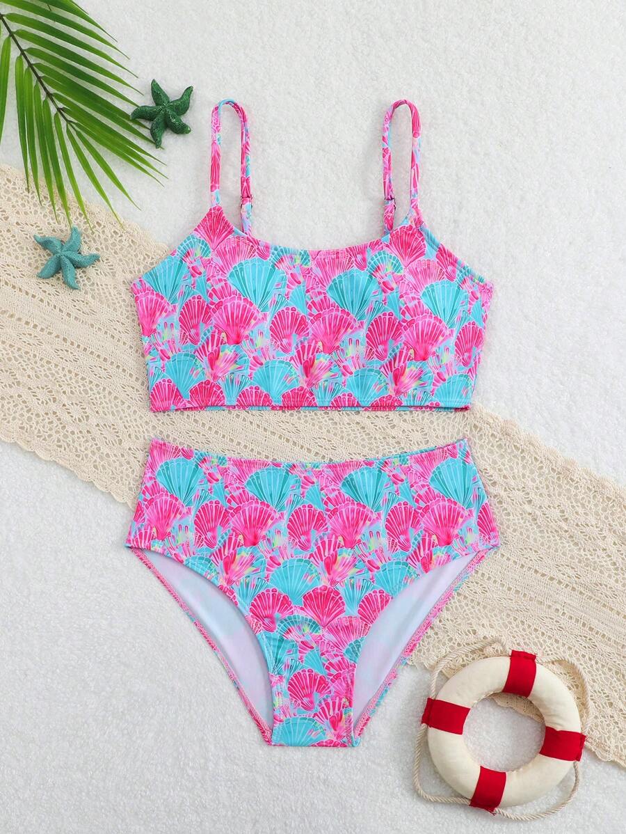 SHEIN 女童可爱两件套泳衣套装,适合海滩派对的时尚泳装 - 彩色 - 查看 1