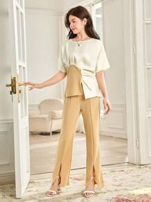 SHEIN 2 piezas Pantalones acampanados con diseño asimétrico plisado y abertura frontal en color albaricoque para chicas adolescentes, conjunto elegante para chicas adolescentes