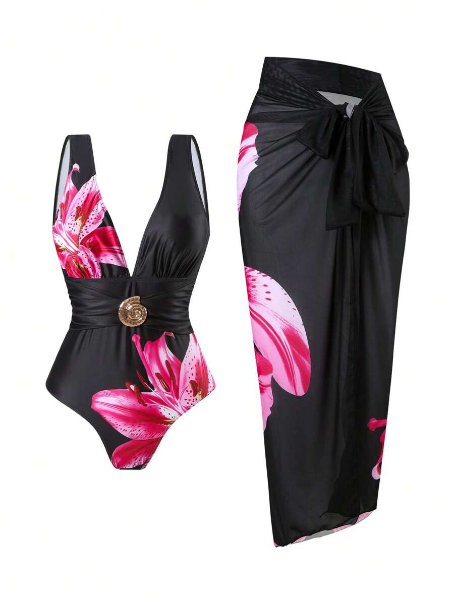 Swim Oasis 2pcs/Set Women's 2025 New Printed One-Piece Swimsuit And Mesh Maxi Skirt Beach Resort Summer Casual Swimwear Sets - Multicolor - View 1