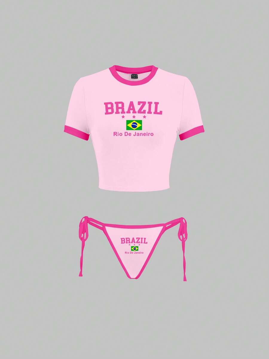 EgrlEra 2pcs/Set Brazil National Flag & Letter Print Trim Short Sleeve Top And Underwear Set - Hot Pink - View 1