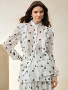 Anewsta 新品春夏真丝荷叶边袖度假衬衫，波点印花中式领泡泡袖衬衫 - 杏色 - 查看 3