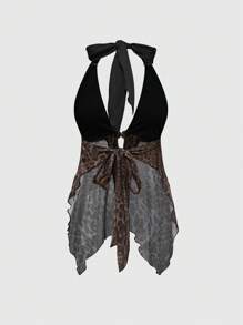 ROMWE Grunge Punk Summer Music Festival Fashion - Wild Chic Retro Leopard Print With Rhinestone & Metal Chain Halter Neck Tight Asymmetrical Hem Women Tank Top