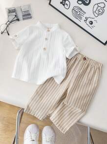 SHEIN 2pcs Babyboy Cute Casual College Style Grey Collared Shirt And Striped Elastic Waist Pants Set, Suitable For Birthday Party, Evening Party, Wedding, Baby Shower, Christening And 1st Birthday Celebration