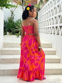 青少年女孩度假休闲夏季花卉印花弹力抹胸迷你裙两件套长裙春夏 - 橘色 - 查看 2