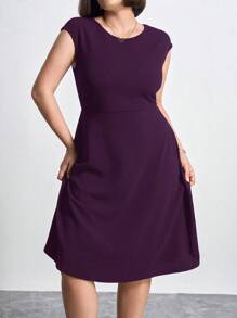 Chikora Plus Size Round Neck Short Sleeve Solid Color Simple Loose Elegant Dress,Office Outfits For Women - Purple - View 4