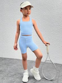 SHEIN 2pcs/Set Young Girl Solid Color Knit Camisole Top And Shorts Activewear Set