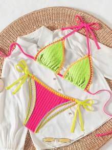 Swim SXY Springbreak 女士沙滩装夏季比基尼套装，拼色交叉肩带上衣和侧系带下装，性感两件套泳衣套装，节日波西米亚风 - 彩色 - 查看 3
