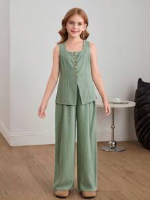 SHEIN Nova Glow Tween Girls Casual Stylish Solid Color Square Neck Sleeveless Top With Straight Leg Pants 2-Piece Set