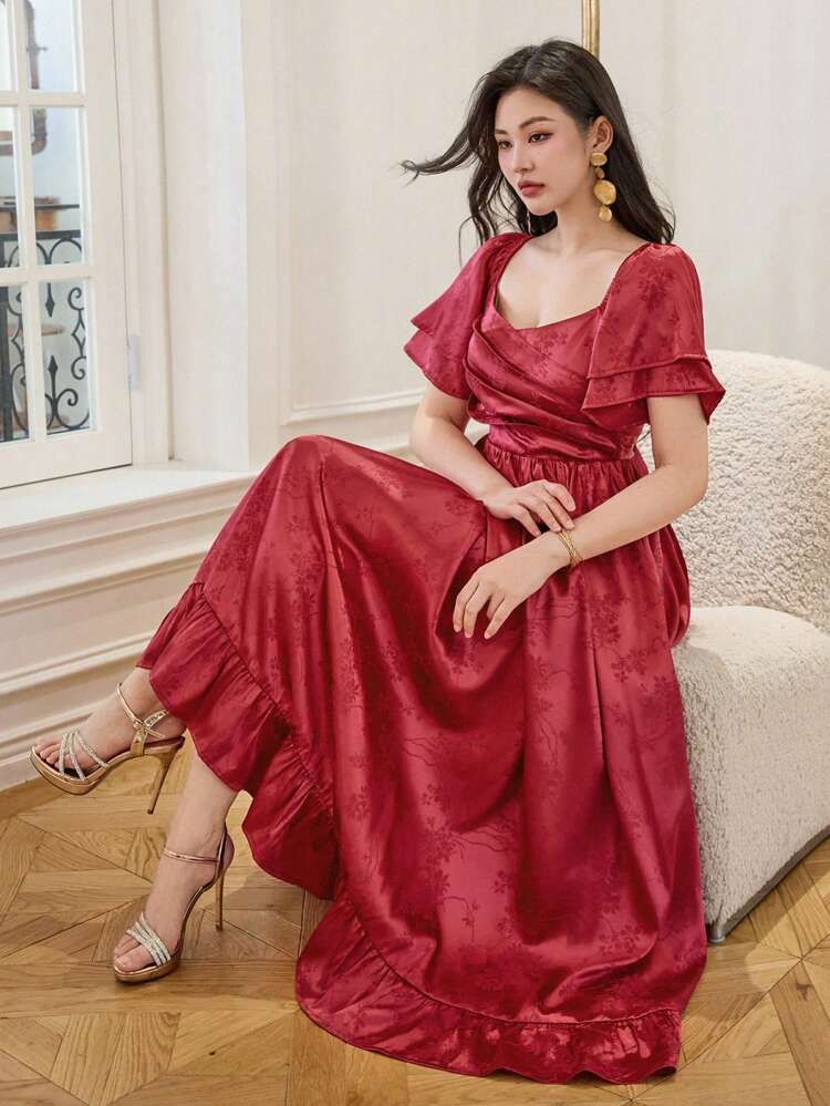 Women's Summer French Retro Square Collar Ruffle Sleeve Solid Color Mid-Length Dress Red Women Dresses Christmas Maxi Dress