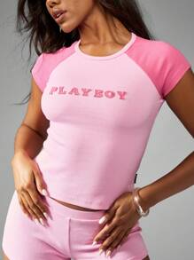 Missguided x Playboy Camiseta de bebé de manga corta con raglán de contraste con puños acanalados