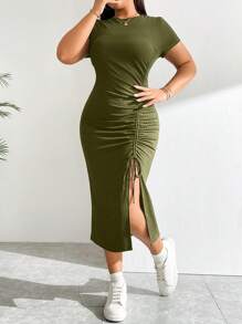 SHEIN Essnce Plus Size Women Spring And Summer Casual Slim Fit Comfortable Slit Gathered Drawstring Army Green Dress, Slim Fit Dress, Summer Women's Clothes, Midi Dress,Long Bodycon Dress,Curve Plus,European Summer - Army Green - View 6