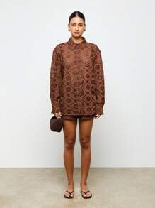 AiiRZ Broderie Anglaise Oversized Shirt With Back Cinched Waist Button Detail - Coffee Brown - View 3