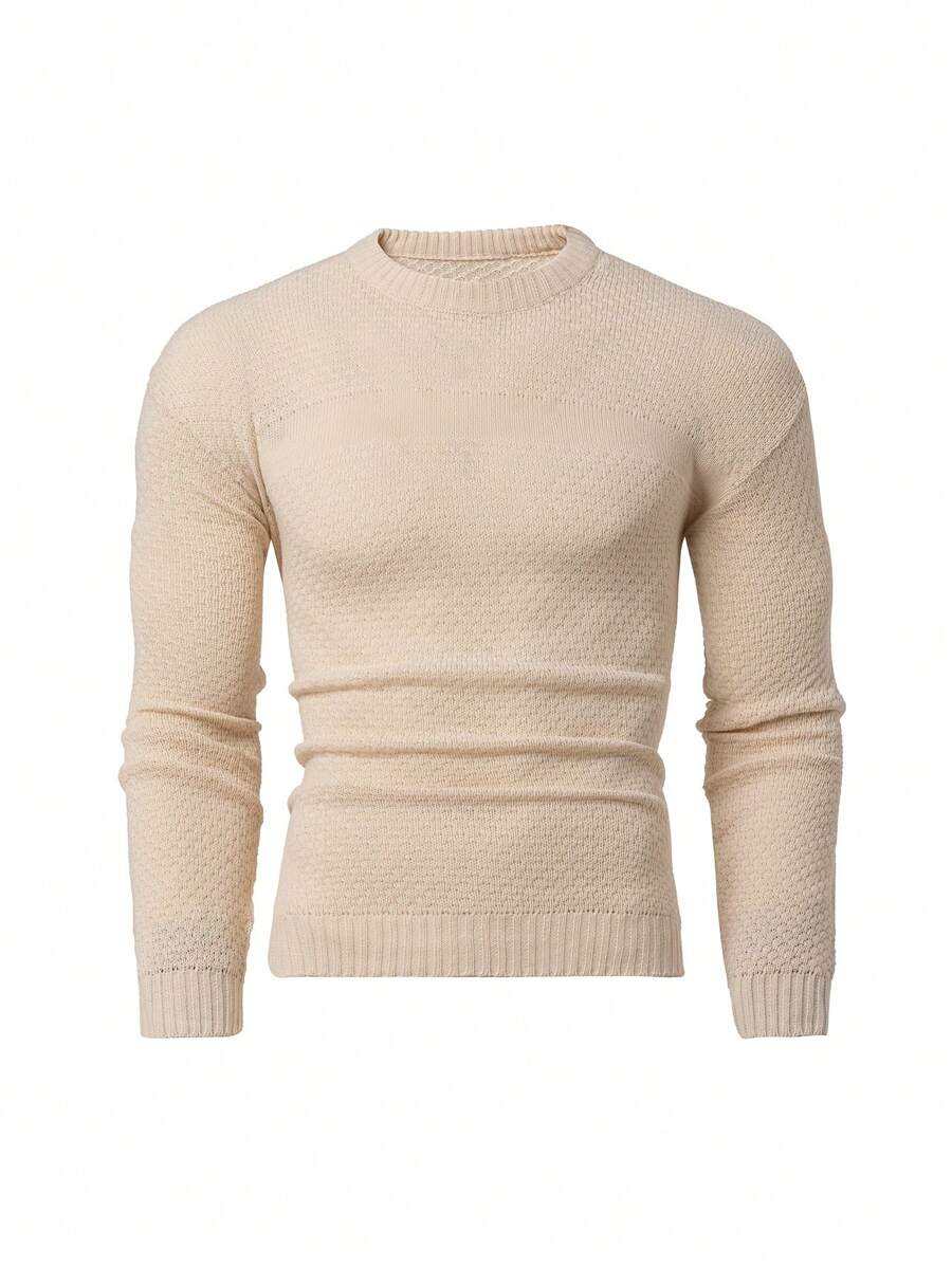 RueChic Men Structure Pattern Crew Neck Regular Sweater - Beige - View 1