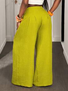 BamGleam Women's Solid Color Side Waist Tie-Up Pleated Wide Leg Loose Pants - Green - View 2