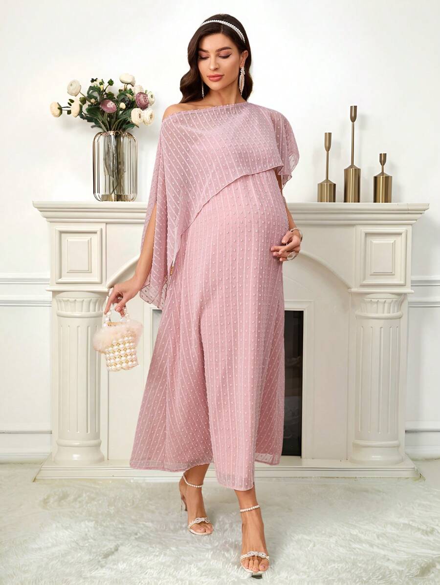 SHEIN Pregnant Women Solid Color Asymmetric Neck Loose Elegant Dress Maternity Dress - Pink - View 1