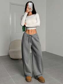 SHEIN EZwear 女士纯色抽绳腰休闲宽松时尚运动裤 - 深灰色 - 查看 5