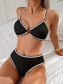 SHEIN Bikini hở lưng 2 mảnh họa tiết vải trơn màu có dây đeo vai viền tròn thiết kế cho nữ đi biển - màu đen - Xem 1