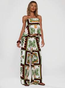 MUSERA 印花图案阔腿亚麻质感系带腰裤，夏季度假机场穿搭，时尚优雅 - 綠色 - 查看 1