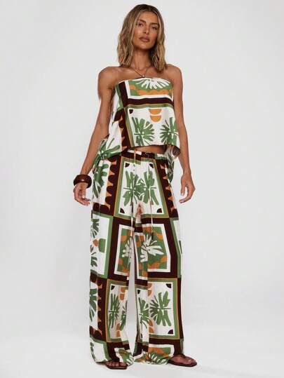 MUSERA Pantalones de pierna ancha con estampado, con efecto de lino y cintura con lazo, para verano, vacaciones, vacaciones, vacaciones, aeropuerto, atuendos elegantes y chic