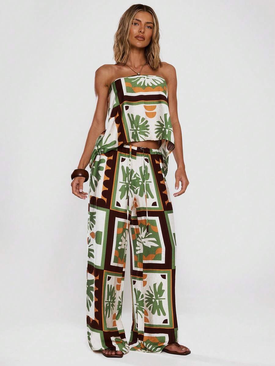 MUSERA 印花图案阔腿亚麻质感系带腰裤，夏季度假机场穿搭，时尚优雅 - 綠色 - 查看 1