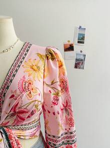 Dreamara 大码女式春装度假印花深V领长袖蝴蝶结前襟衬衫 - 彩色 - 查看 3