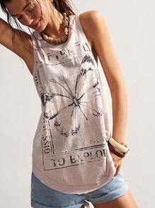 Bohemela Letter & Butterfly Print Casual Knit Sleeveless Women Tank Top - Baby Pink - View 6