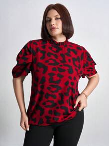 SHEIN Clasi Áo cánh tay bồng họa tiết da báo Plus, trang phục công sở giản dị cho nữ - Đỏ - Xem 3