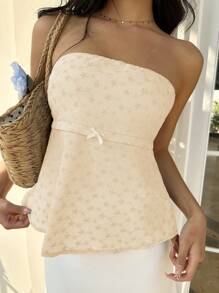 SHEIN SunnyBelle Vacation Floral Embroidery Bow Decor Bandeau Top - Champagne - View 4