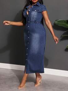 Slaydiva 大码女式修身长款牛仔连衣裙，休闲蓝色