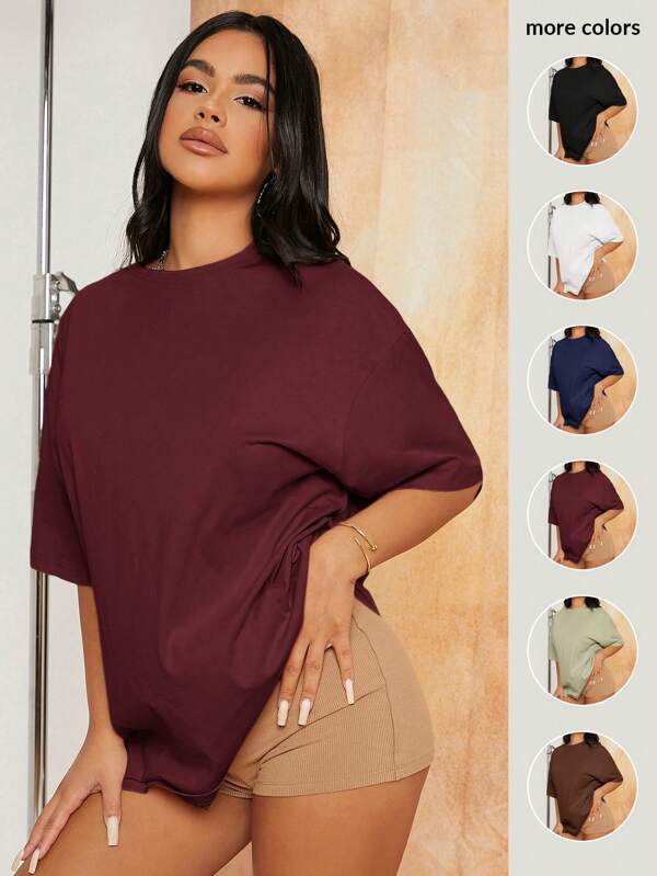 SHEIN SXY Women's Casual Crew Neck Loose Fit Solid Color All-Match T-Shirt