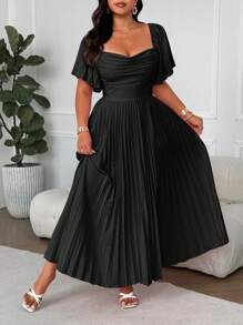 EMERY ROSE Große Größen Kleid mit quadratischem Ausschnitt, Herzausschnitt, Rüschenärmel, plissiertem A-Linien-Schnitt, vintage elegant für Frühling/Sommer, Urlaub, Hochzeitsgast, Party, Frauen