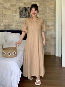 Dazy Plus Plus Size Women Casual Turndown Collar Short Sleeve Solid Color A-Line Summer Dress
