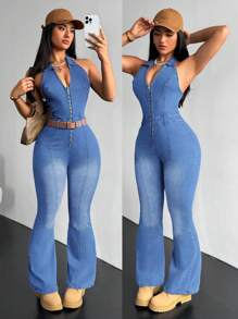 SHEIN EZwear 女式渐变色拉链前挂脖无袖牛仔连体裤