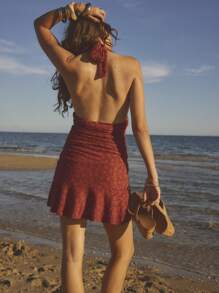 Aralina Vestido mini elegante de encaje floral con cuello de halter y plisados para vacaciones para mujer