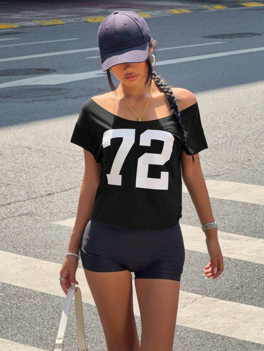 Jouncy 女式数字印花露肩短袖休闲T恤，夏季 - 黑色 - 查看 1