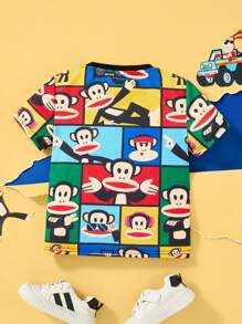 Paul Frank X SHEIN Camiseta de manga corta de verano fresca con estampado de mono de dibujos animados colorido por todas partes para niños pequeños