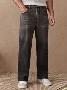 Manfinity VCAY 男士常规款中腰直筒无弹力牛仔裤，长款宽松深灰色牛仔裤，适合送给丈夫、男朋友的礼物 - 灰色 - 查看 5