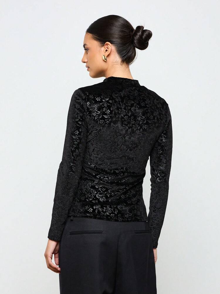 AiiRZ Floral Jacquard High Neck Long Sleeves Fitted Top