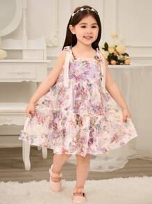 Glamorique Kids Vestido elegante sin mangas con estampado floral de organza y patchwork para niña joven