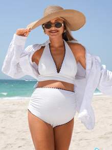 SHEIN Pregnant Women Summer Beach Floral Accent Halter Tie Sexy Bikini Swimsuit Set - White - View 5